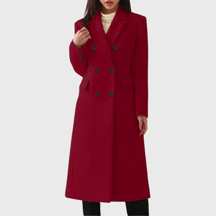 Women's Double-Breasted Wool-Blend Long Trench Coat - Red
