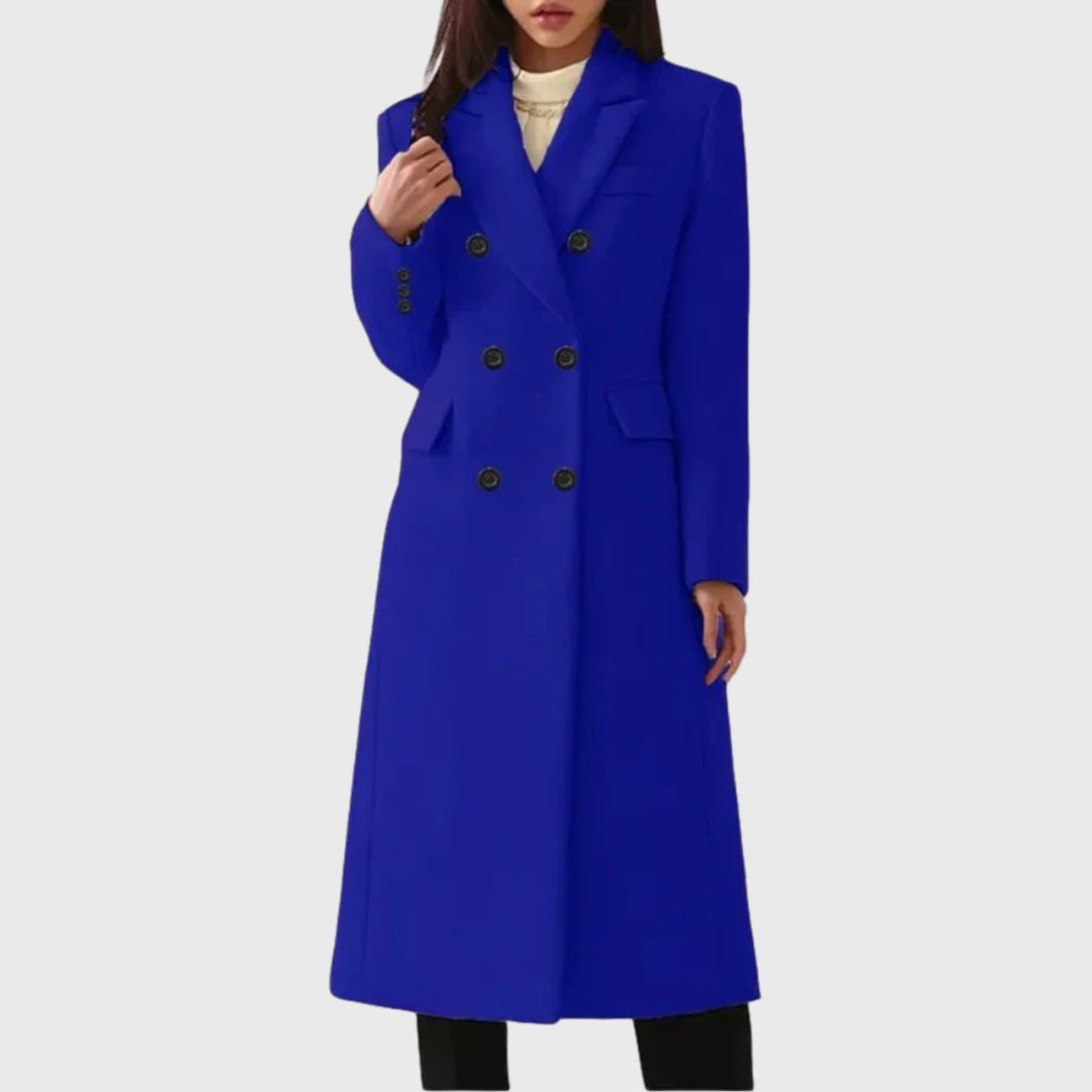 Women's Double-Breasted Wool-Blend Long Trench Coat - Blue