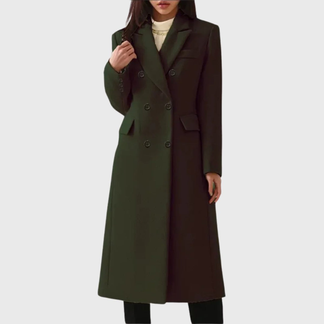 Women's Double-Breasted Wool-Blend Long Trench Coat - Dark Green