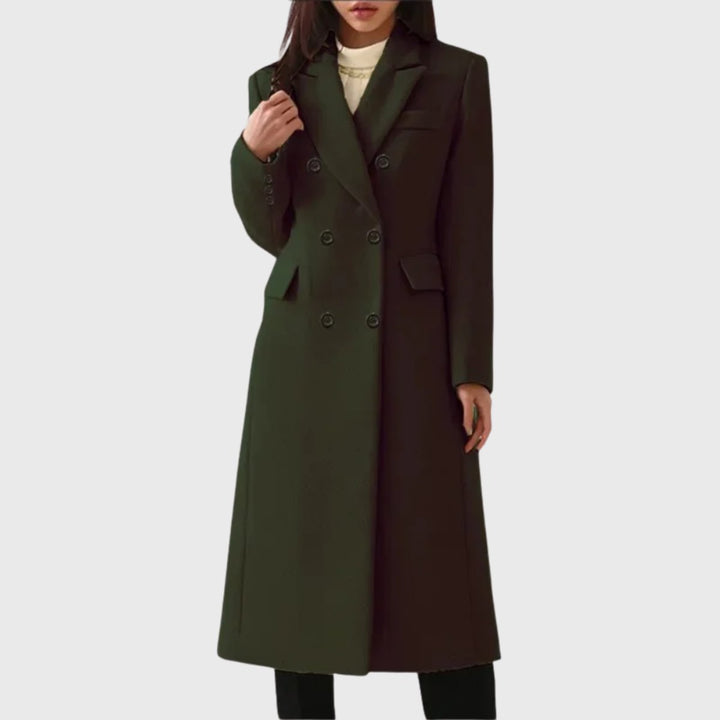 Women's Double-Breasted Wool-Blend Long Trench Coat - Dark Green