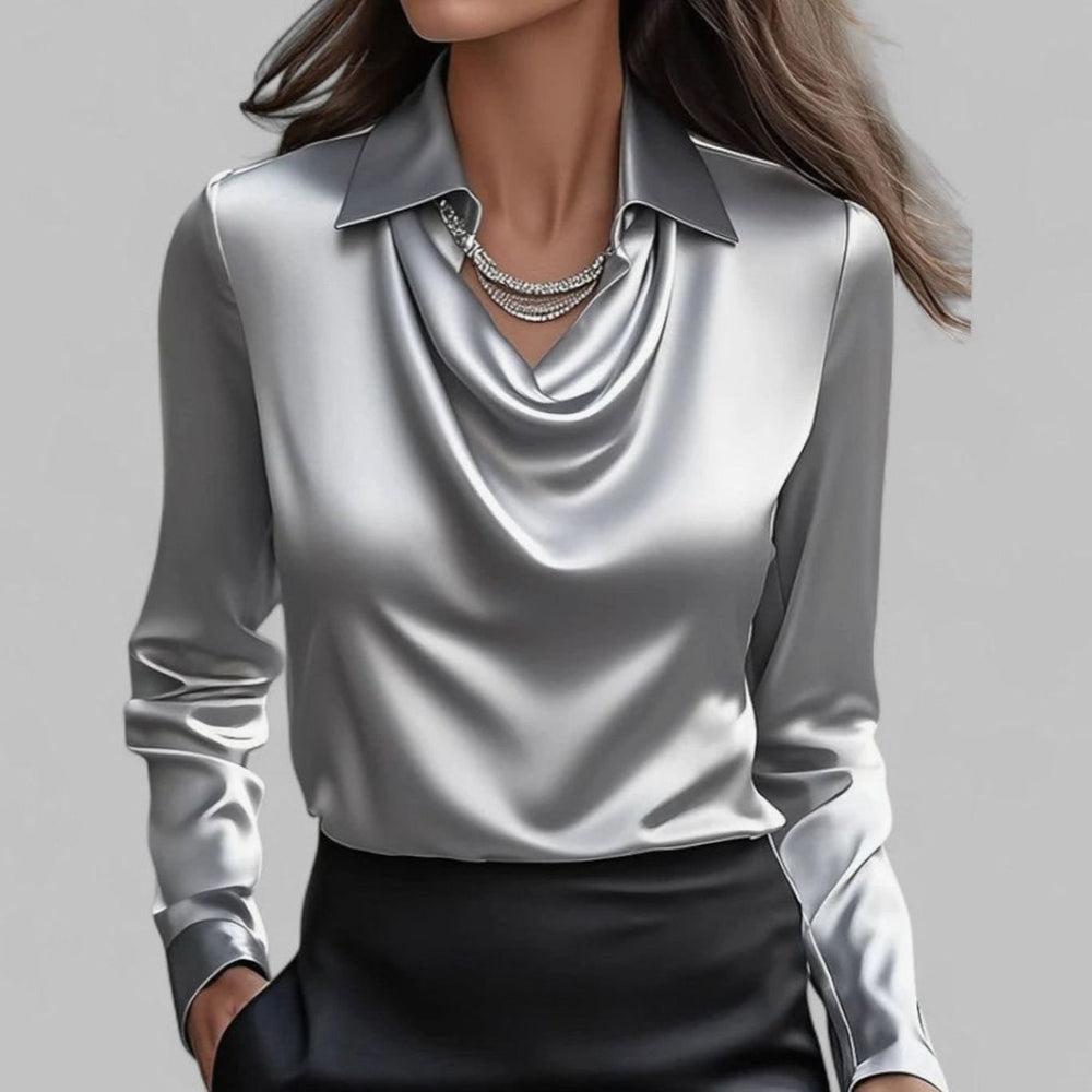 Women's Draped Cowl-Neck Long Sleeve Satin Blouses - Gray
