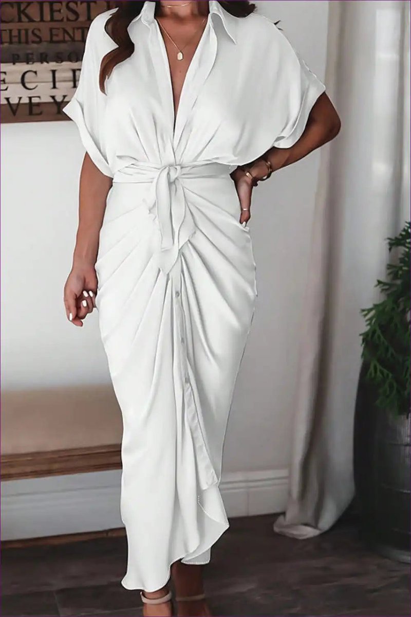 Women's Draped Tie-Waist Satin Fall Midi Dress