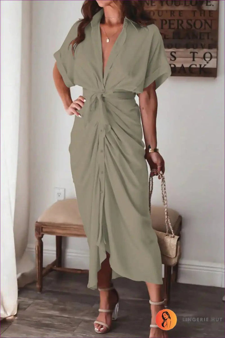 Women's Draped Tie-Waist Satin Fall Midi Dress