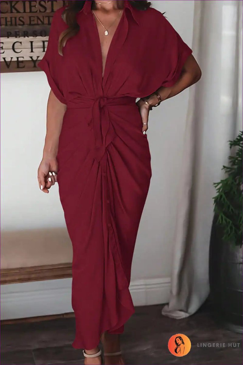 Women's Draped Tie-Waist Satin Fall Midi Dress