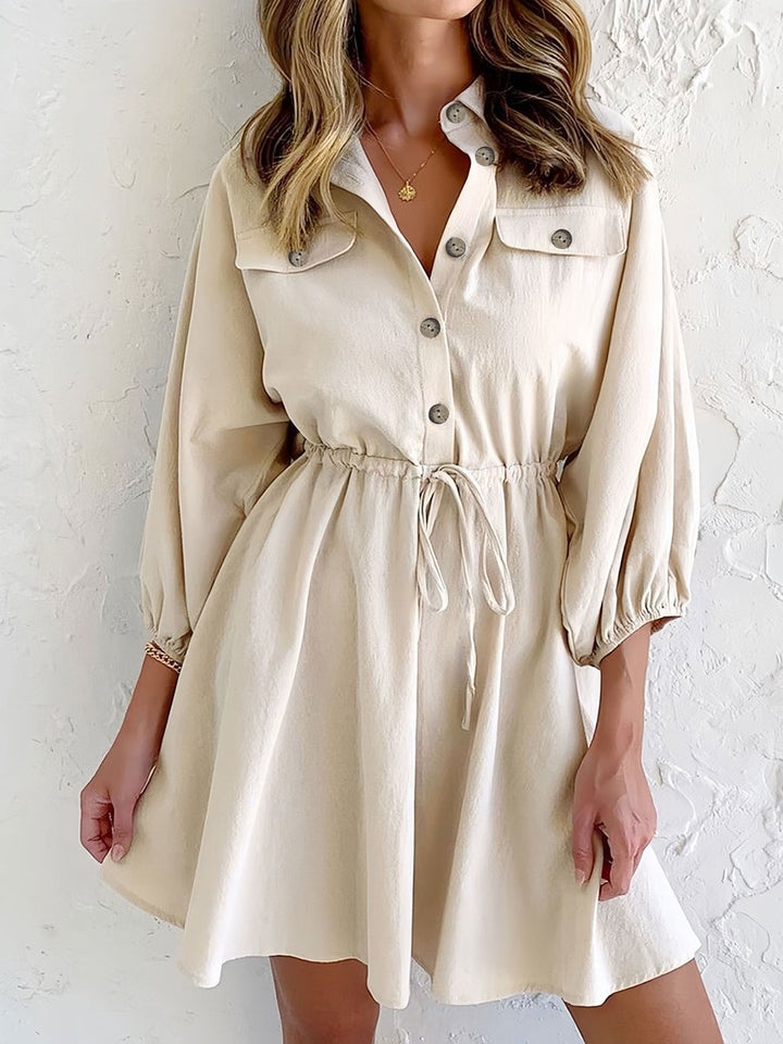 Women's Drawstring-Waist Button-Front Fall Midi Dress
