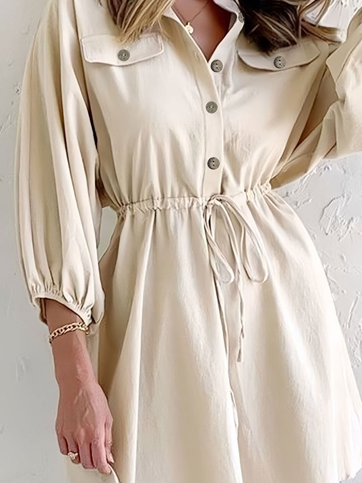 Women's Drawstring-Waist Button-Front Fall Midi Dress