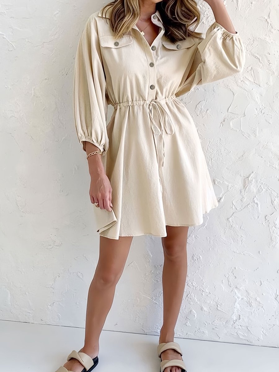 Women's Drawstring-Waist Button-Front Fall Midi Dress