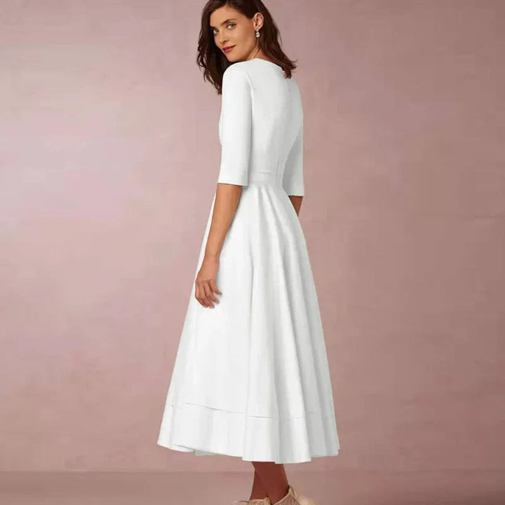 Women's Elegant A-Line V-Neck Three-Quarter Sleeve Fall Midi Dress