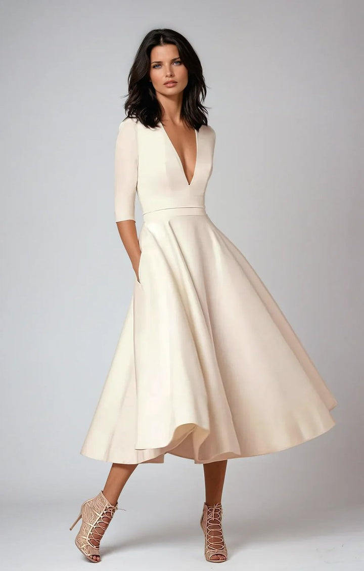 Women's Elegant A-Line V-Neck Three-Quarter Sleeve Fall Midi Dress