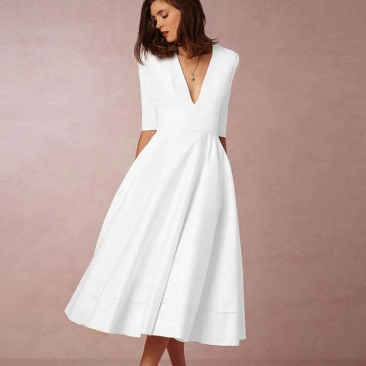 Women's Elegant A-Line V-Neck Three-Quarter Sleeve Fall Midi Dress