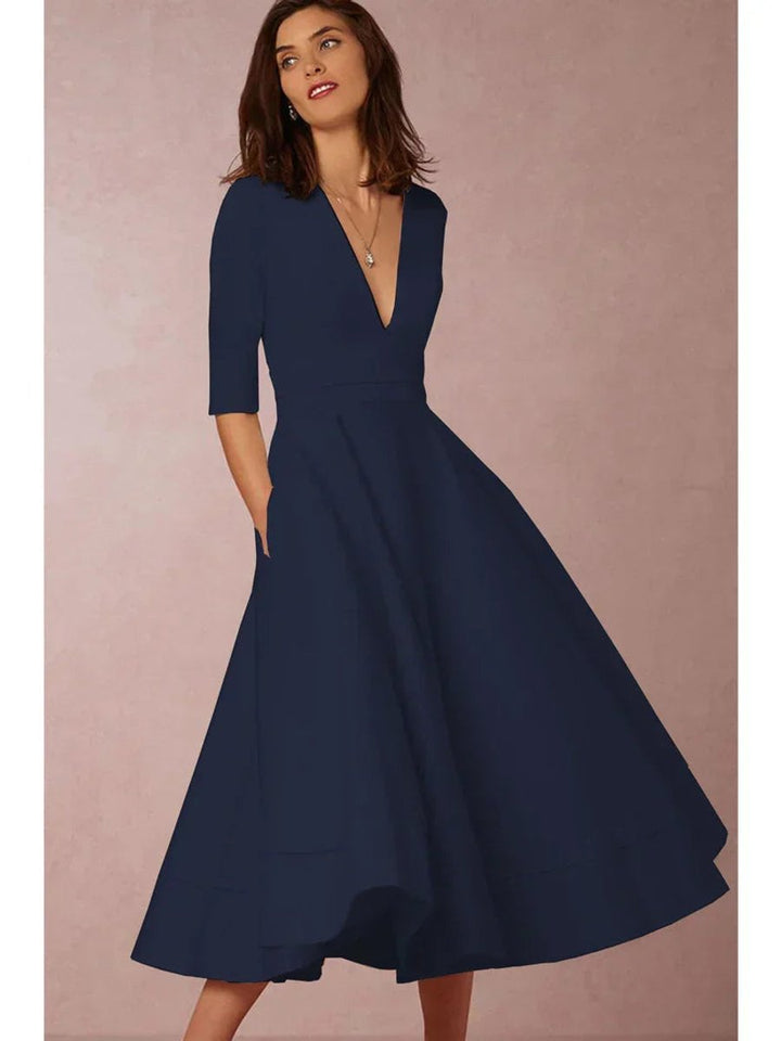 Women's Elegant A-Line V-Neck Three-Quarter Sleeve Fall Midi Dress