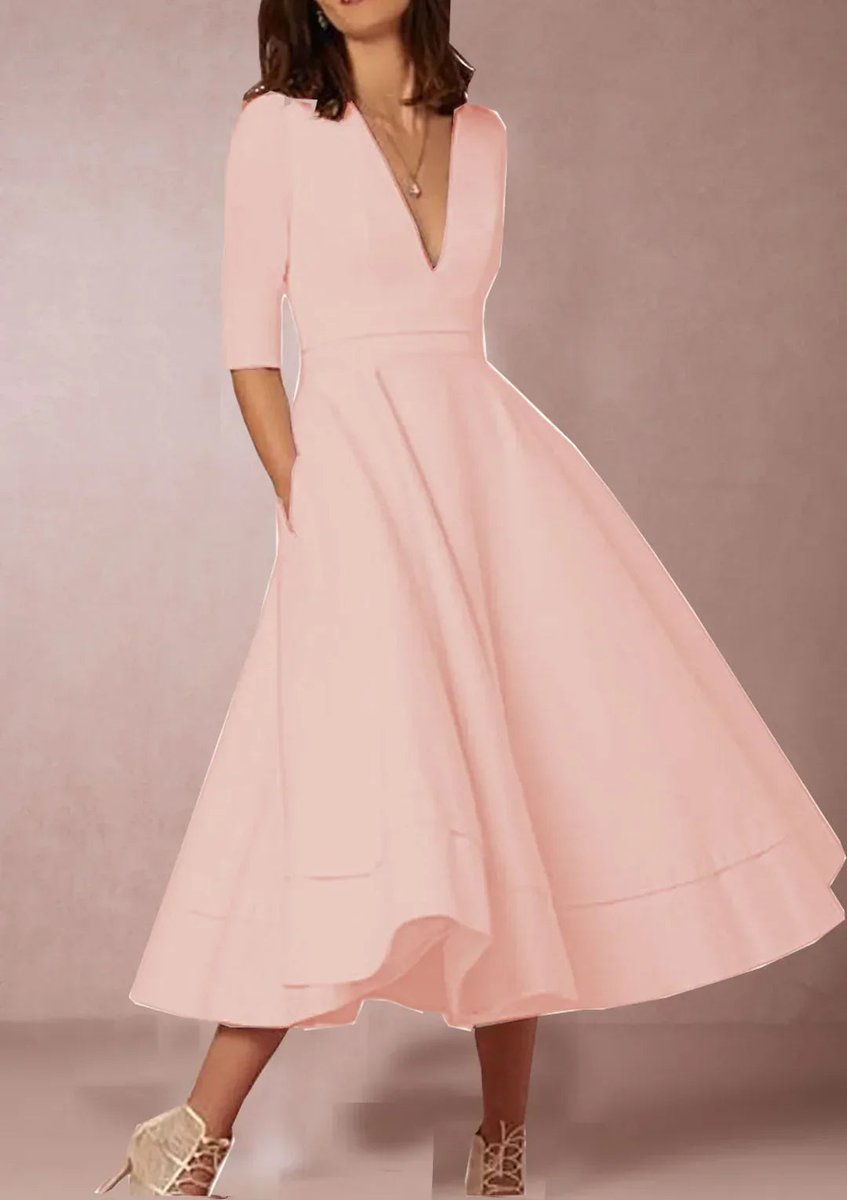 Women's Elegant A-Line V-Neck Three-Quarter Sleeve Fall Midi Dress