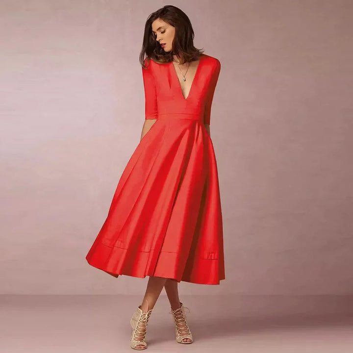 Women's Elegant A-Line V-Neck Three-Quarter Sleeve Fall Midi Dress