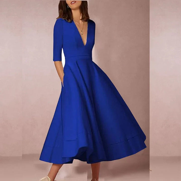 Women's Elegant A-Line V-Neck Three-Quarter Sleeve Fall Midi Dress