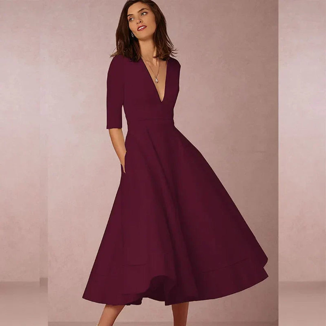 Women's Elegant A-Line V-Neck Three-Quarter Sleeve Fall Midi Dress
