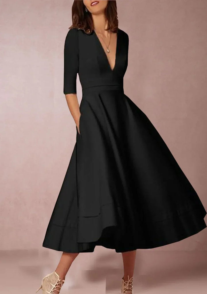 Women's Elegant A-Line V-Neck Three-Quarter Sleeve Fall Midi Dress