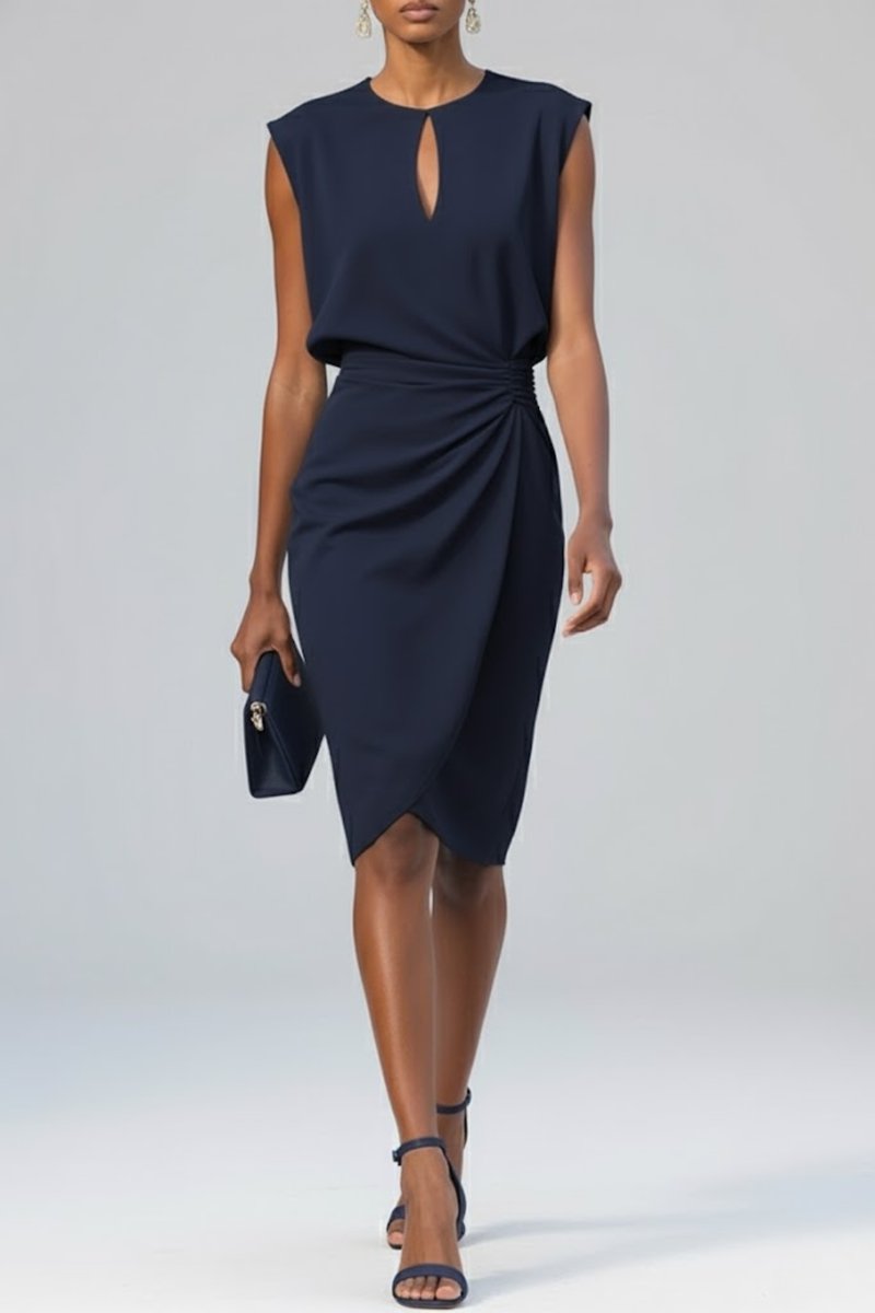 Women's Elegant Keyhole-Neck Ruched Midi Fall Wedding Guest Dress