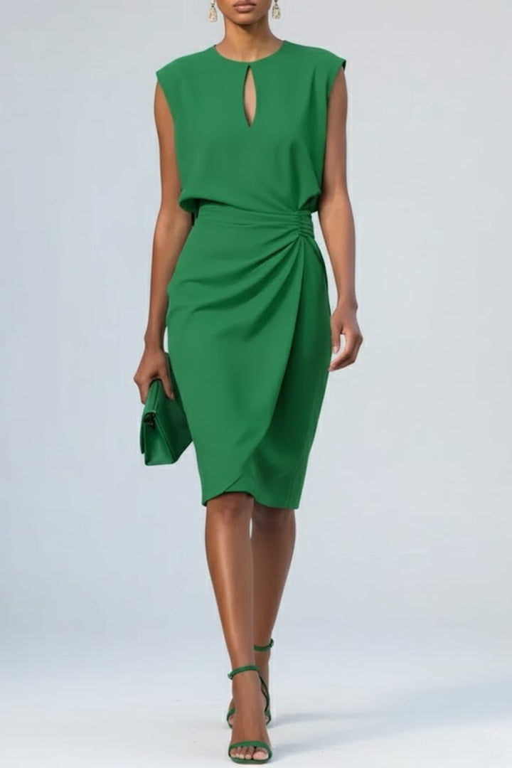Women's Elegant Keyhole-Neck Ruched Midi Fall Wedding Guest Dress