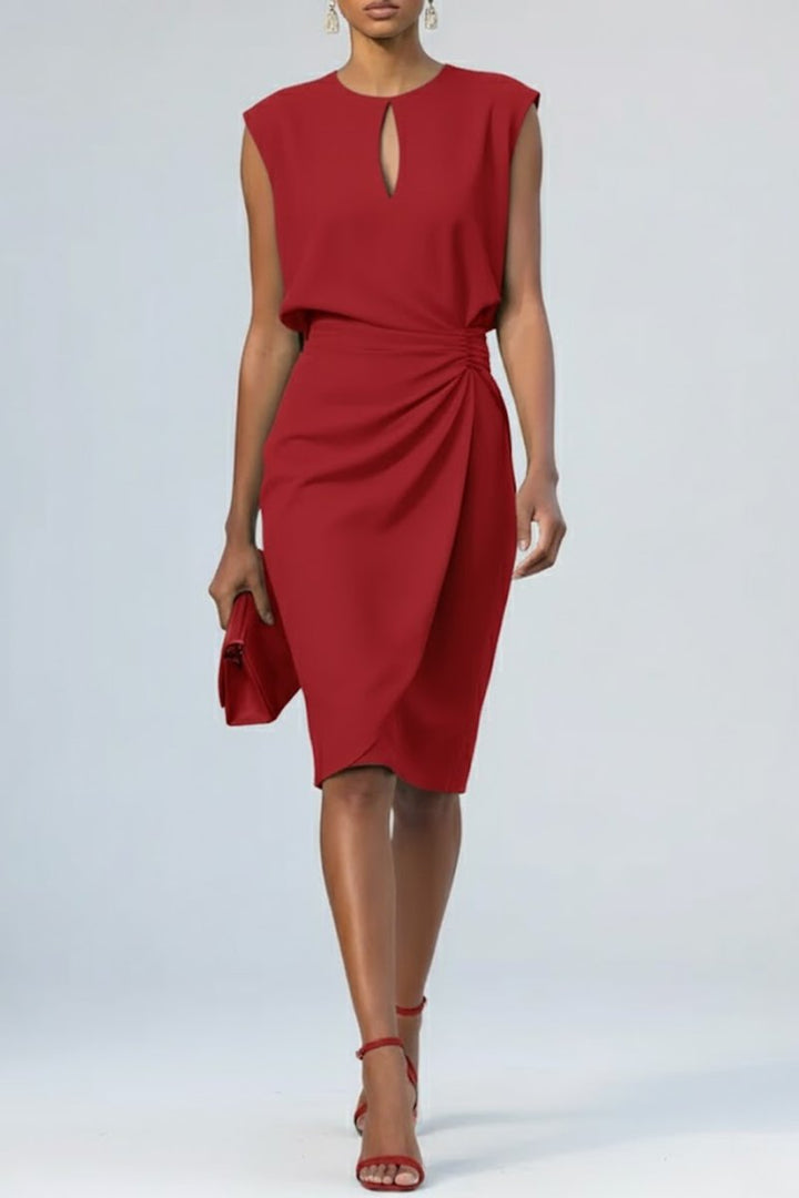 Women's Elegant Keyhole-Neck Ruched Midi Fall Wedding Guest Dress