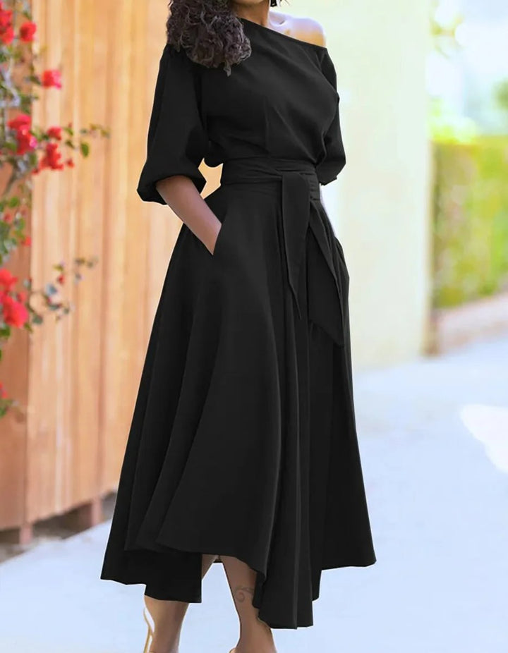 Women's Elegant Off-Shoulder Belted Fall Midi Dress