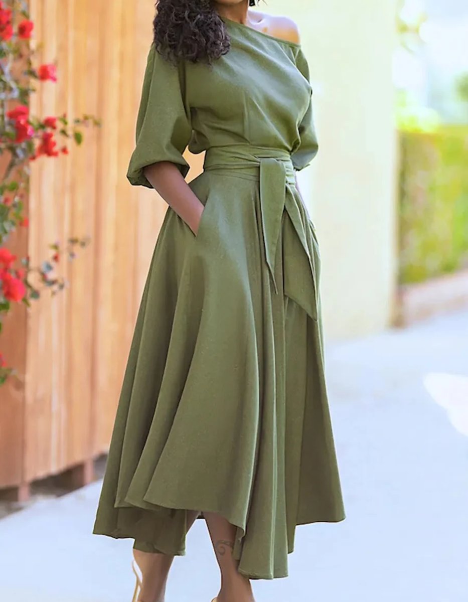 Women's Elegant Off-Shoulder Belted Fall Midi Dress