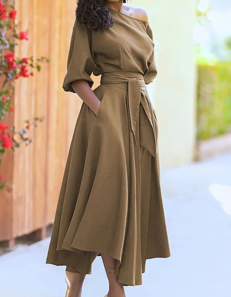 Women's Elegant Off-Shoulder Belted Fall Midi Dress