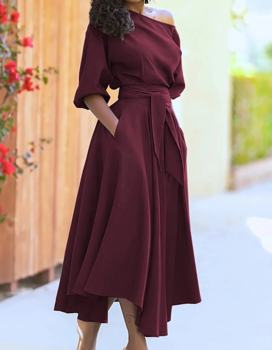 Women's Elegant Off-Shoulder Belted Fall Midi Dress