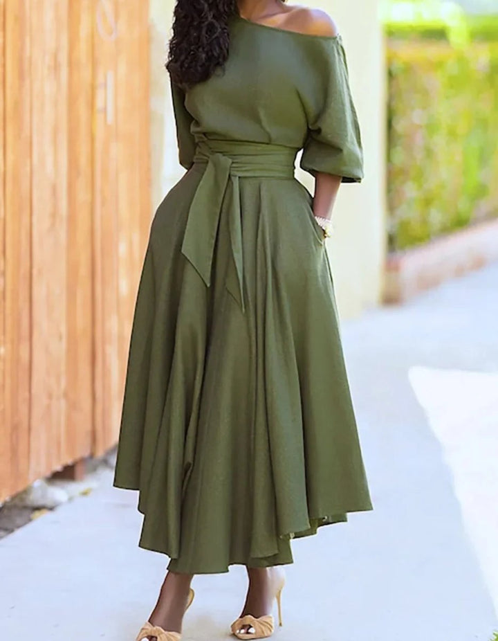 Women's Elegant Off-Shoulder Belted Fall Midi Dress
