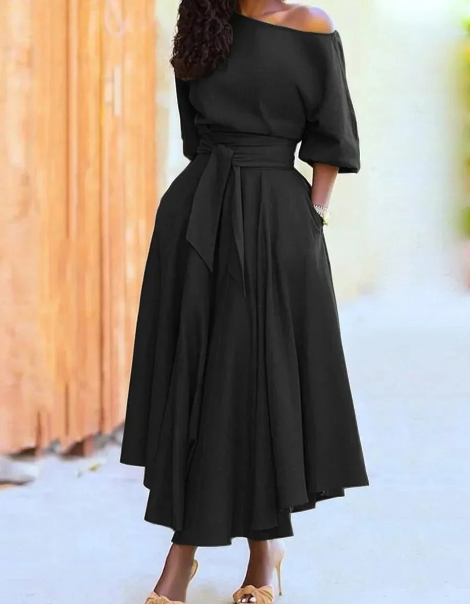 Women's Elegant Off-Shoulder Belted Fall Midi Dress