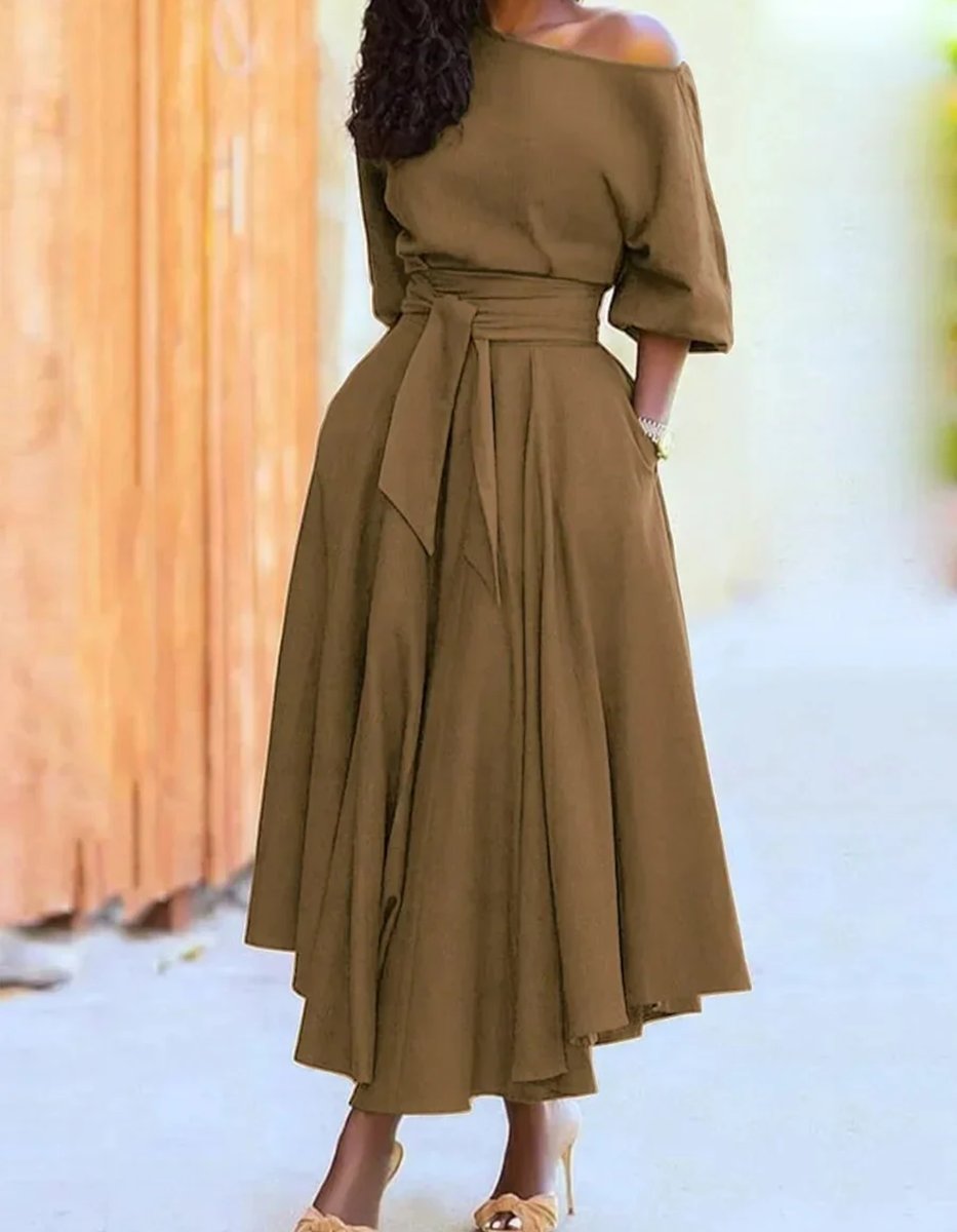 Women's Elegant Off-Shoulder Belted Fall Midi Dress