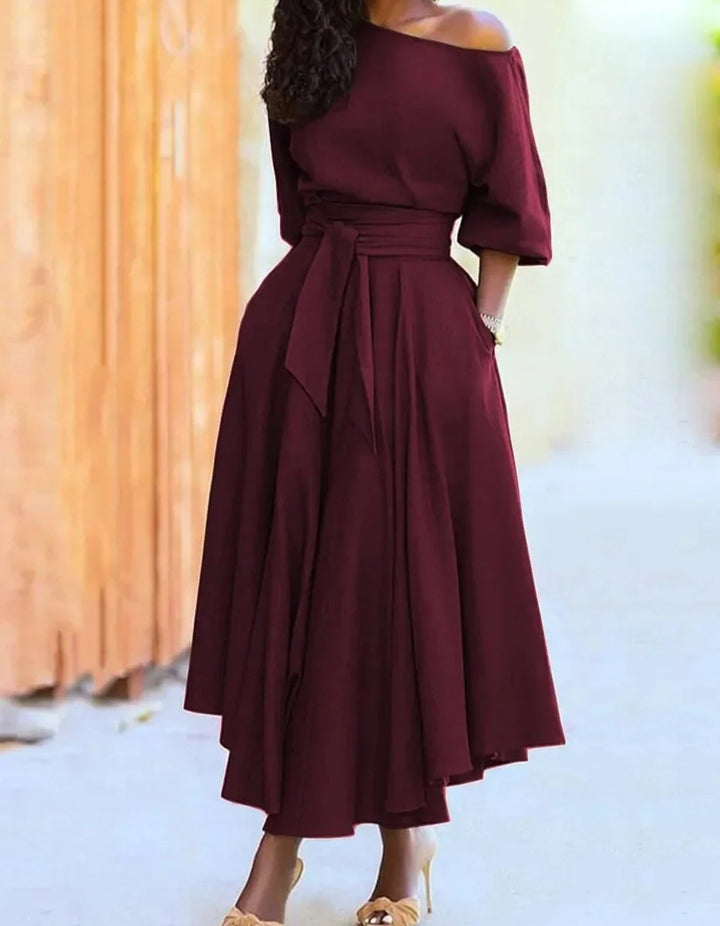 Women's Elegant Off-Shoulder Belted Fall Midi Dress