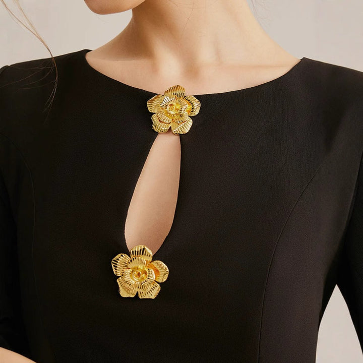 Women's Elegant Sleeveless Gold Floral-Trim Fall Midi Dress Pockets