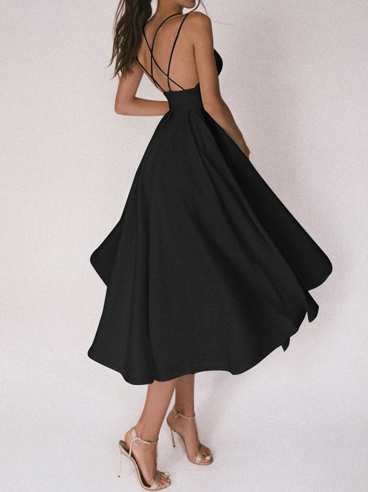 Women's Elegant Spaghetti Strap Plunge-Neck Fall Midi Dress