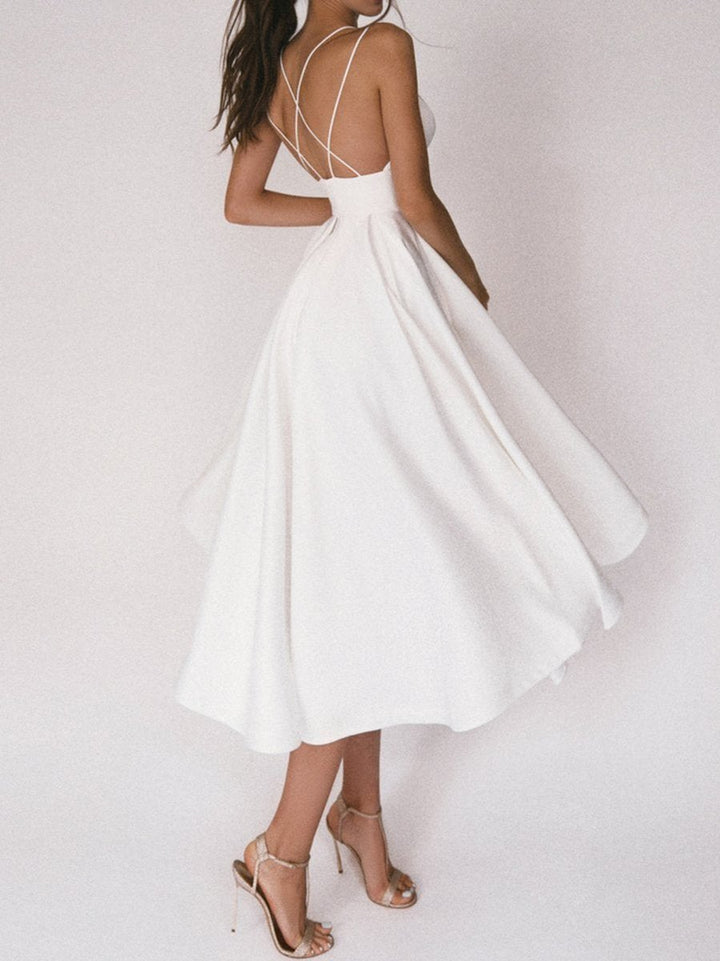 Women's Elegant Spaghetti Strap Plunge-Neck Fall Midi Dress