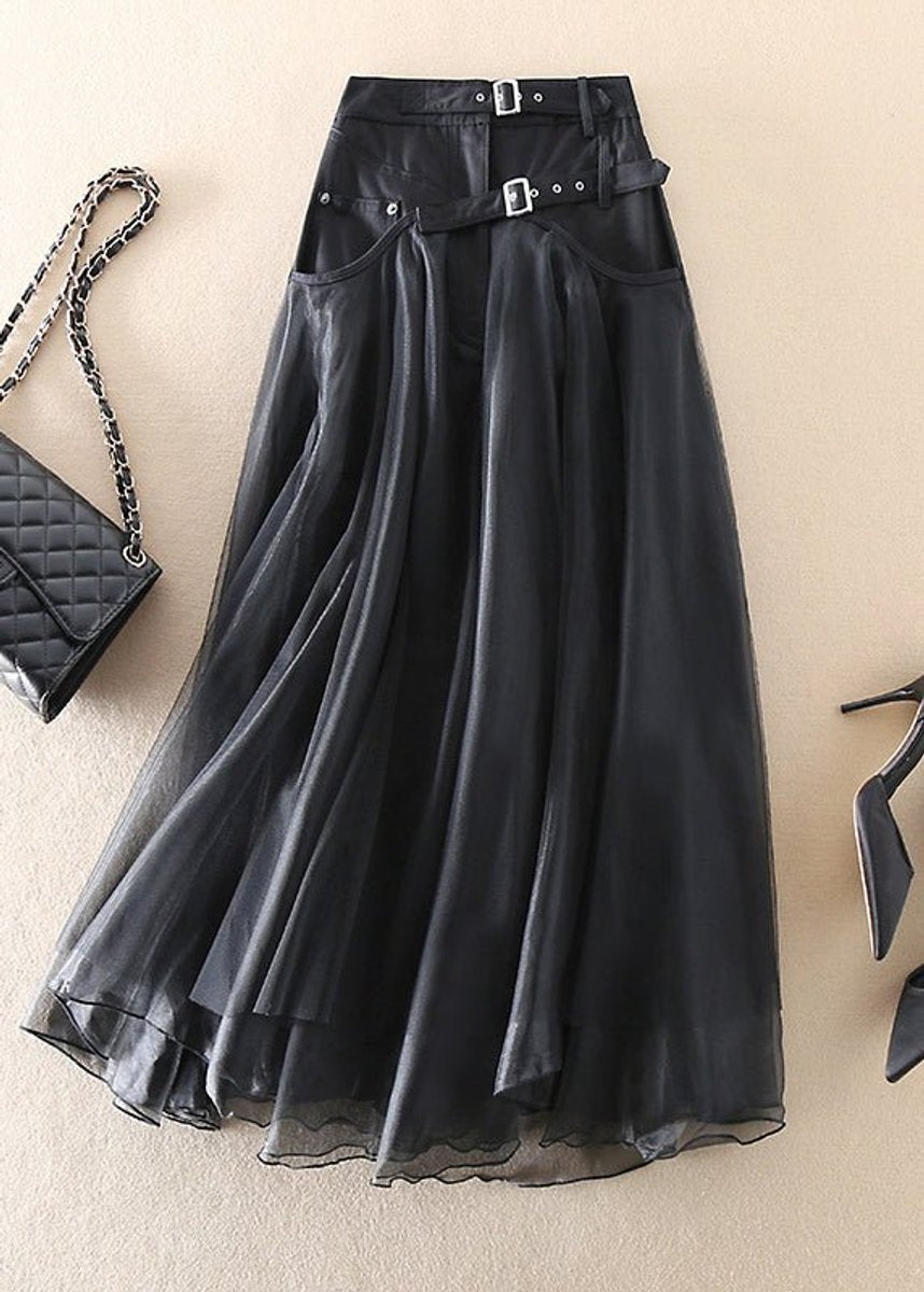 Women's Elegant Tulle Fall Midi Skirt High-Waist Layered A-Line