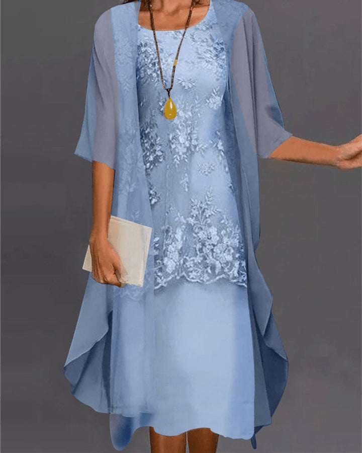 Women's Elegant Two-Piece Lace Chiffon Fall Midi Dress