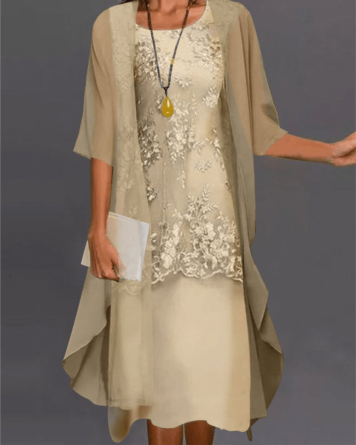 Women's Elegant Two-Piece Lace Chiffon Fall Midi Dress