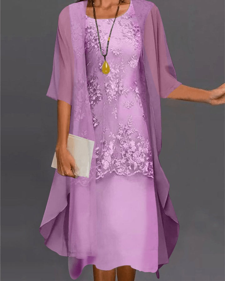 Women's Elegant Two-Piece Lace Chiffon Fall Midi Dress