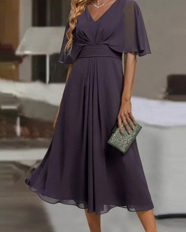 Women's Elegant V-Neck Chiffon Cape-Sleeve Fall Midi Dress