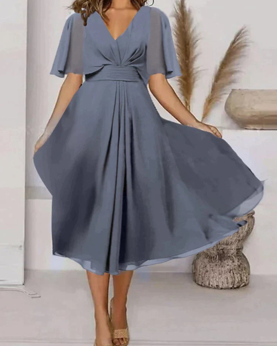 Women's Elegant V-Neck Chiffon Cape-Sleeve Fall Midi Dress