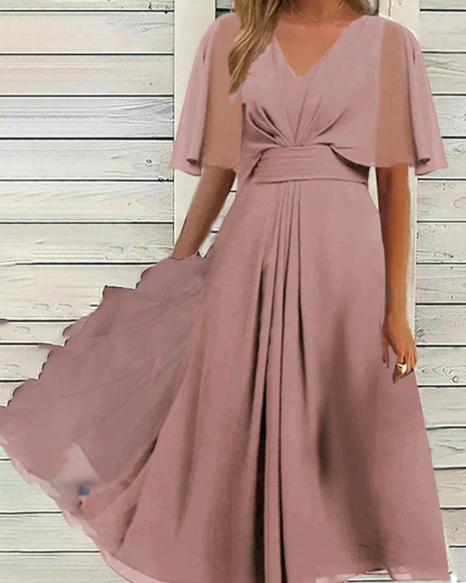 Women's Elegant V-Neck Chiffon Cape-Sleeve Fall Midi Dress