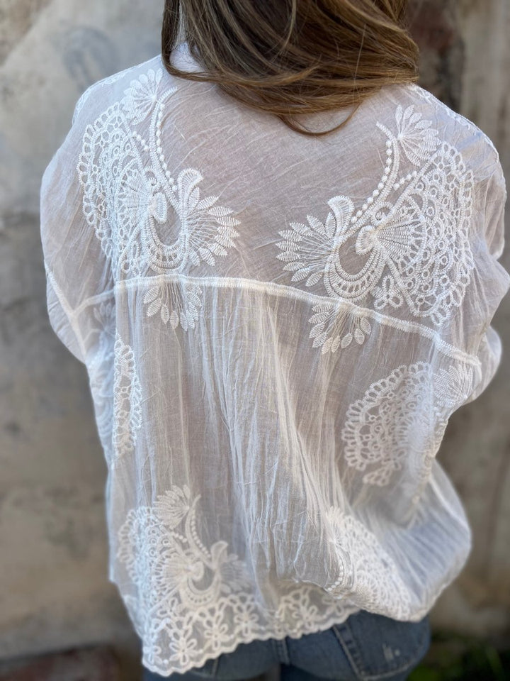 Women's Embroidered Lace-Trim Long Sleeve Button-Down Cardigan