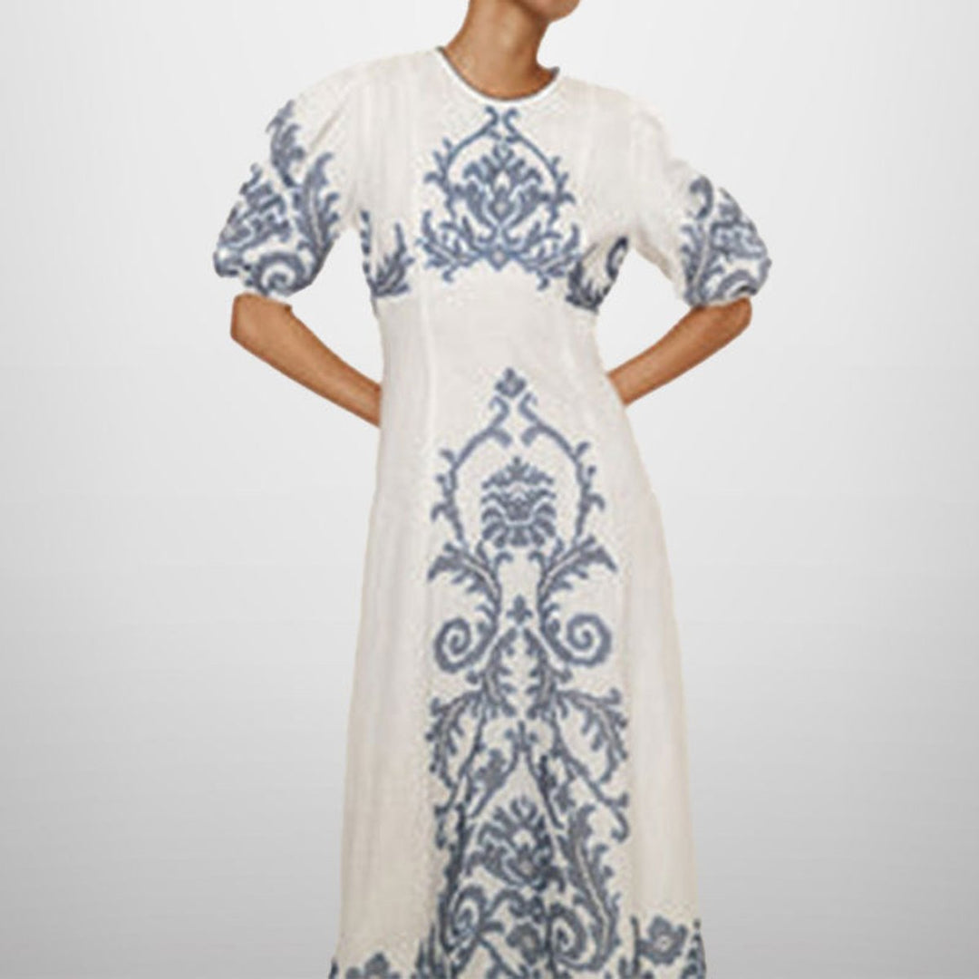 Women's Embroidered Puff-Sleeve Linen Fall Midi Dress