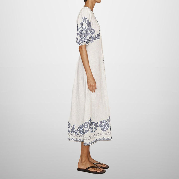 Women's Embroidered Puff-Sleeve Linen Fall Midi Dress