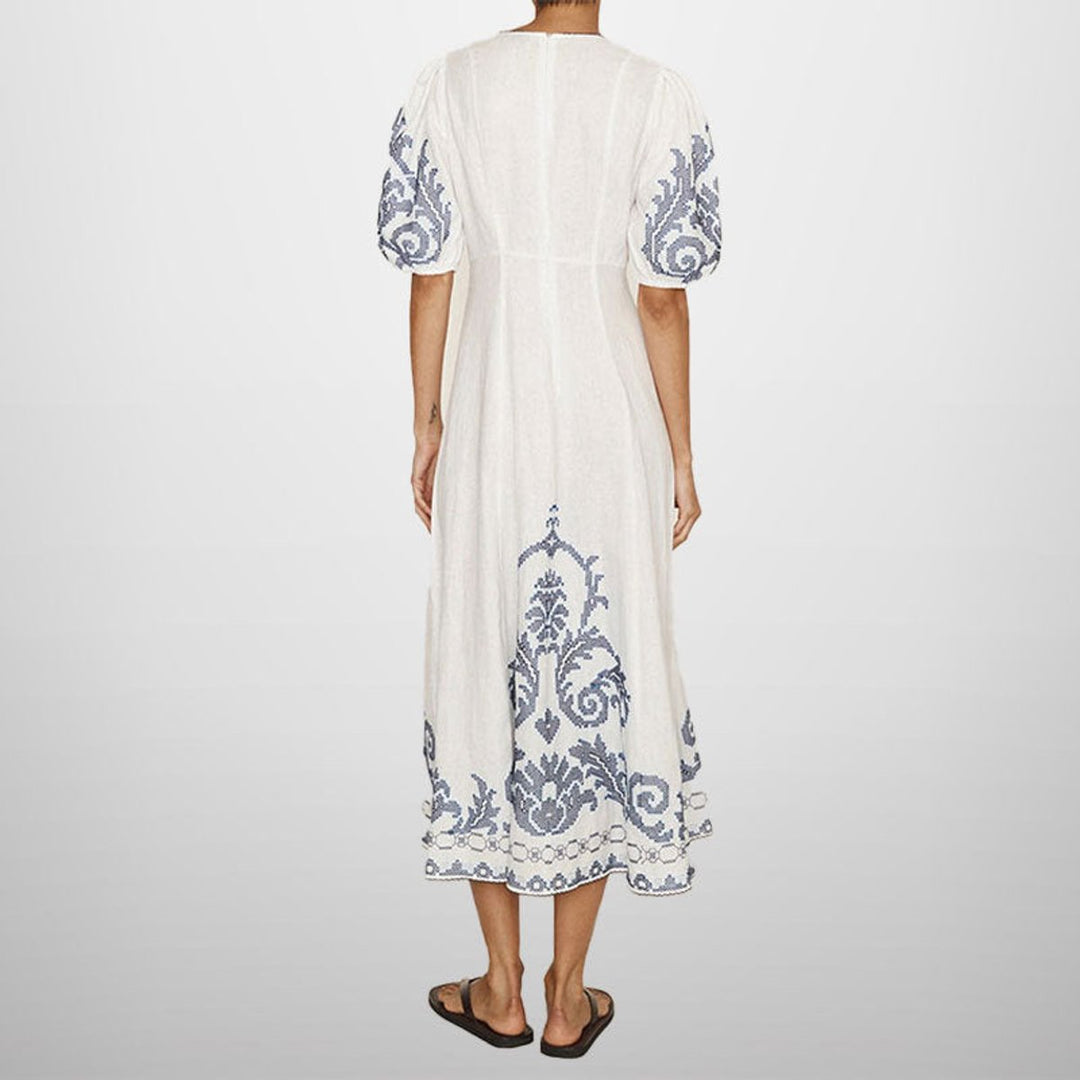 Women's Embroidered Puff-Sleeve Linen Fall Midi Dress