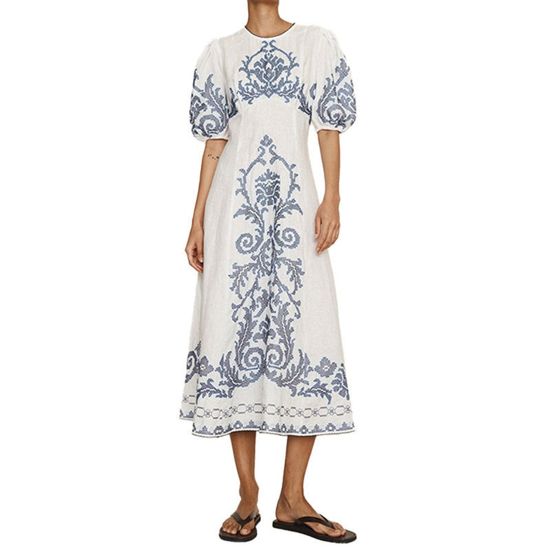 Women's Embroidered Puff-Sleeve Linen Fall Midi Dress