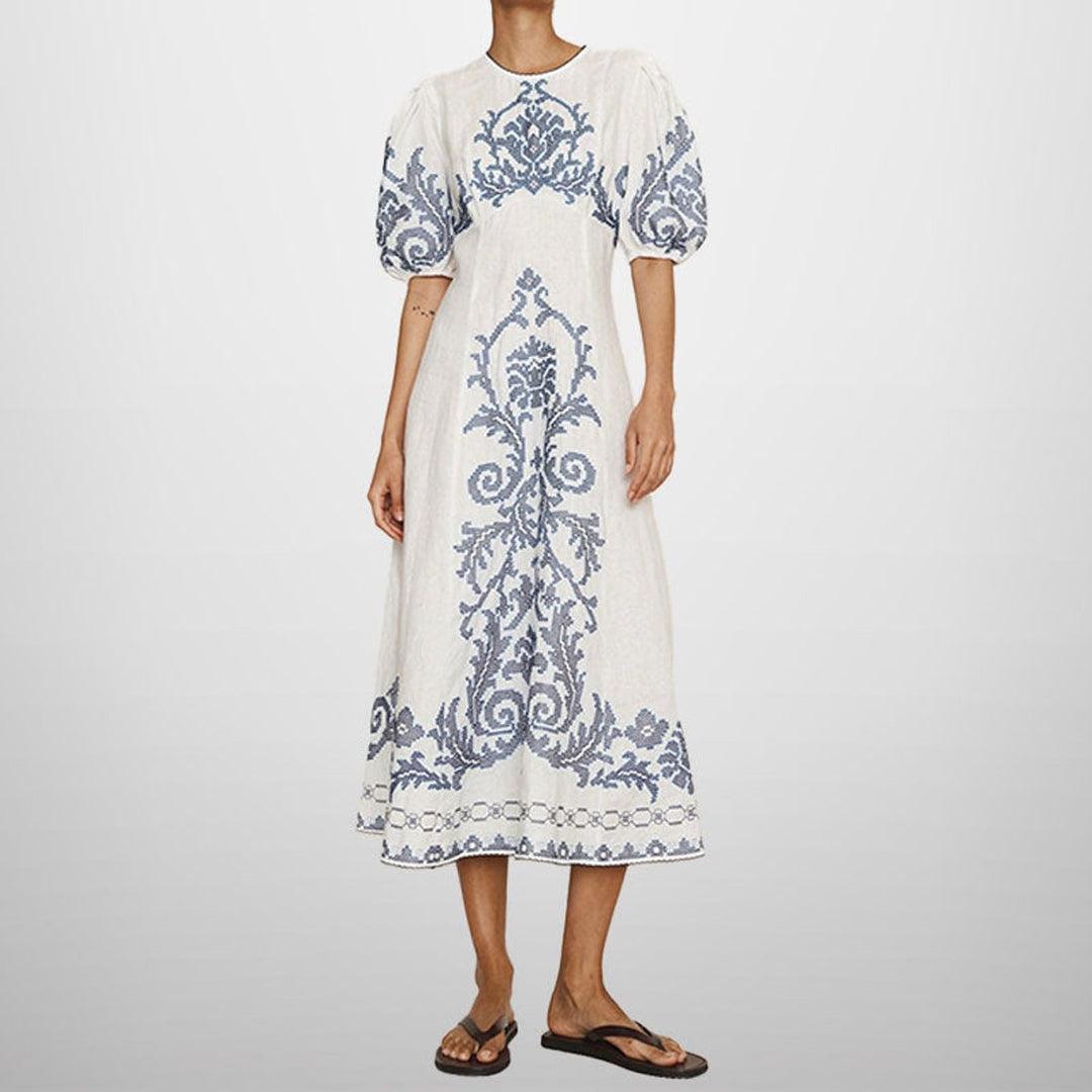 Women's Embroidered Puff-Sleeve Linen Fall Midi Dress