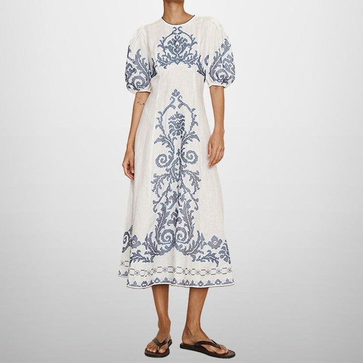 Women's Embroidered Puff-Sleeve Linen Fall Midi Dress
