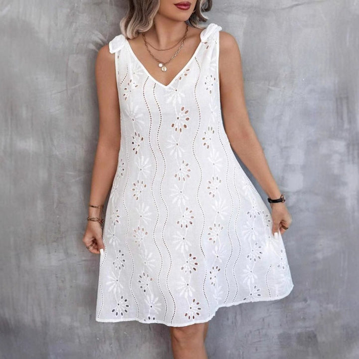 Women's Eyelet Cotton Blend Tie-Shoulder Fall Midi Dress V-Neck