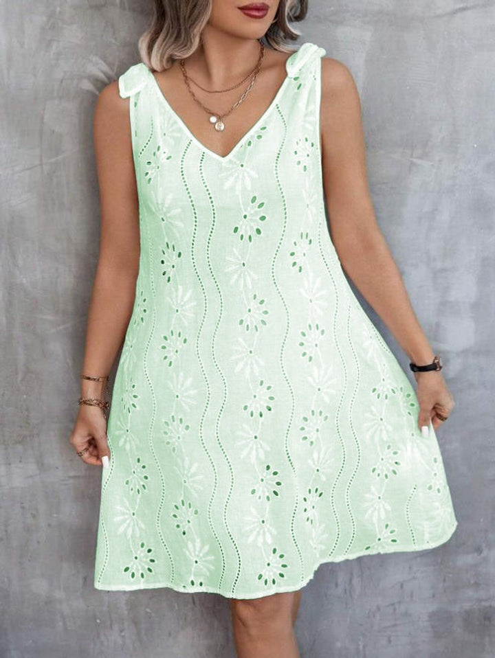 Women's Eyelet Cotton Blend Tie-Shoulder Fall Midi Dress V-Neck